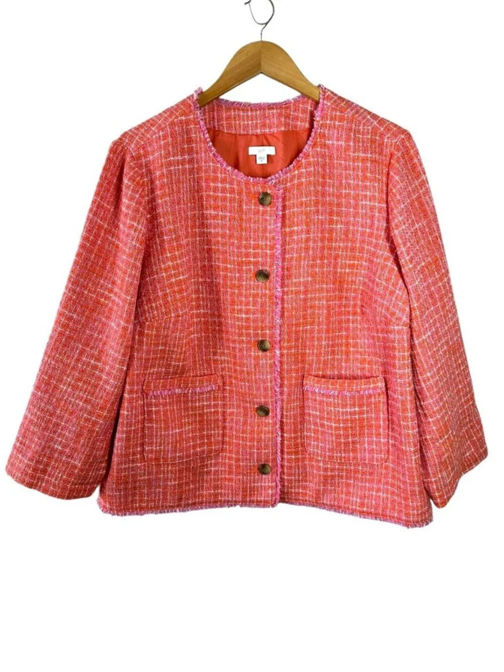 J. Jill Coral Pink Tweed Textured Jacket Fringe Trim Cotton Blend XL - Picture 5 of 8